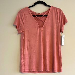 NWT pink V-neck T-shirt with crisscross detail